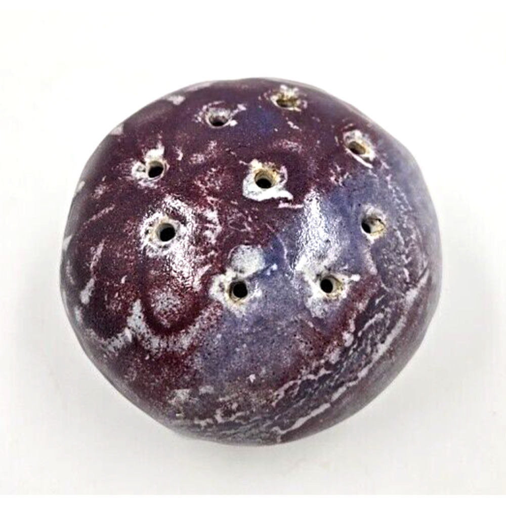 MCM Vintage Flower Frog Vase Speckled Blue Deep Purple Glazed Pottery